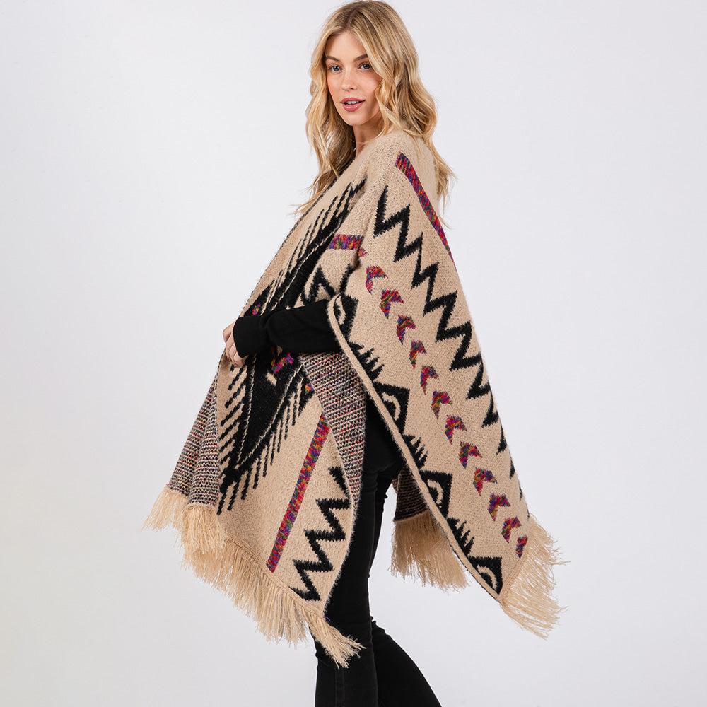 Fuzzy Aztec Pattern Tassel Knit Ruana Poncho