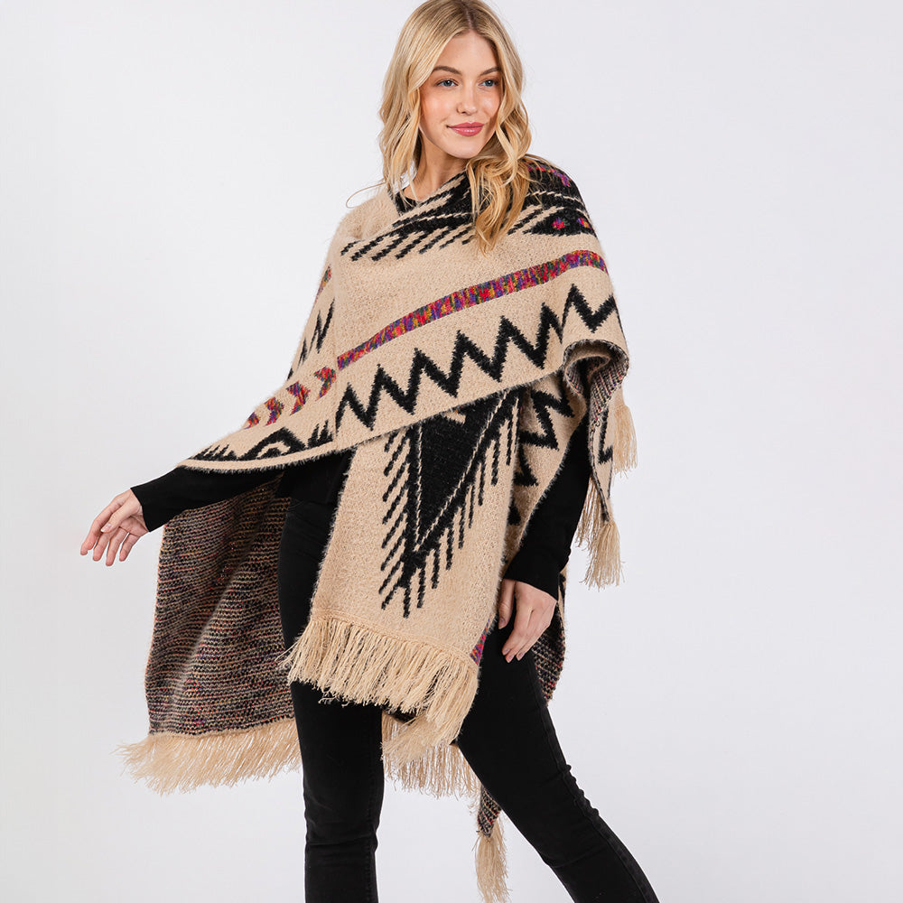 Fuzzy Aztec Pattern Tassel Knit Ruana Poncho