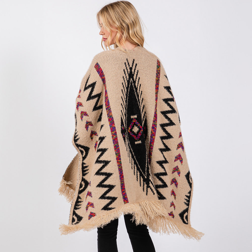 Fuzzy Aztec Pattern Tassel Knit Ruana Poncho