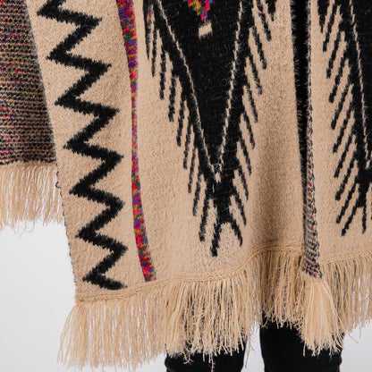 Fuzzy Aztec Pattern Tassel Knit Ruana Poncho