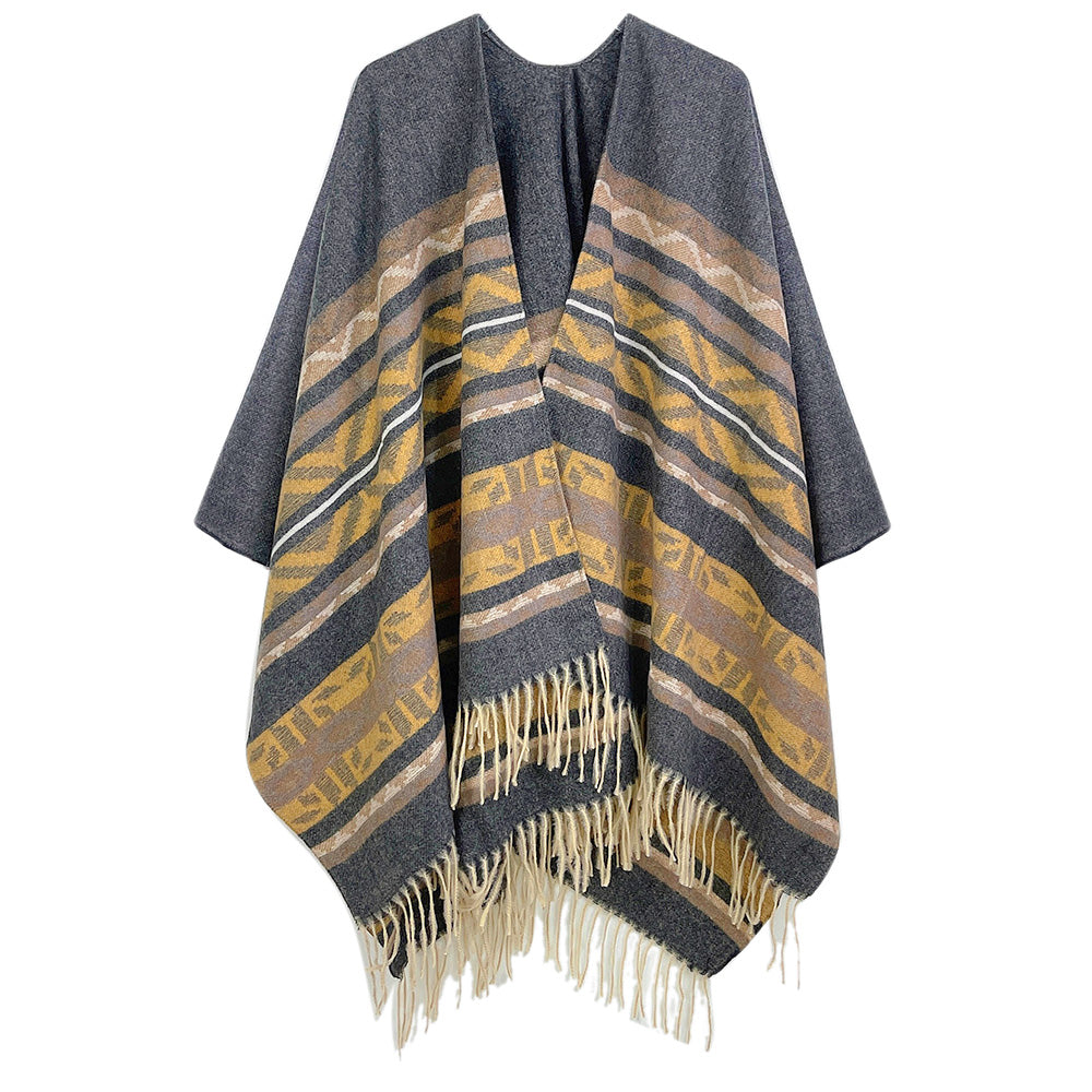 Aztec Ruana Poncho with Fringes