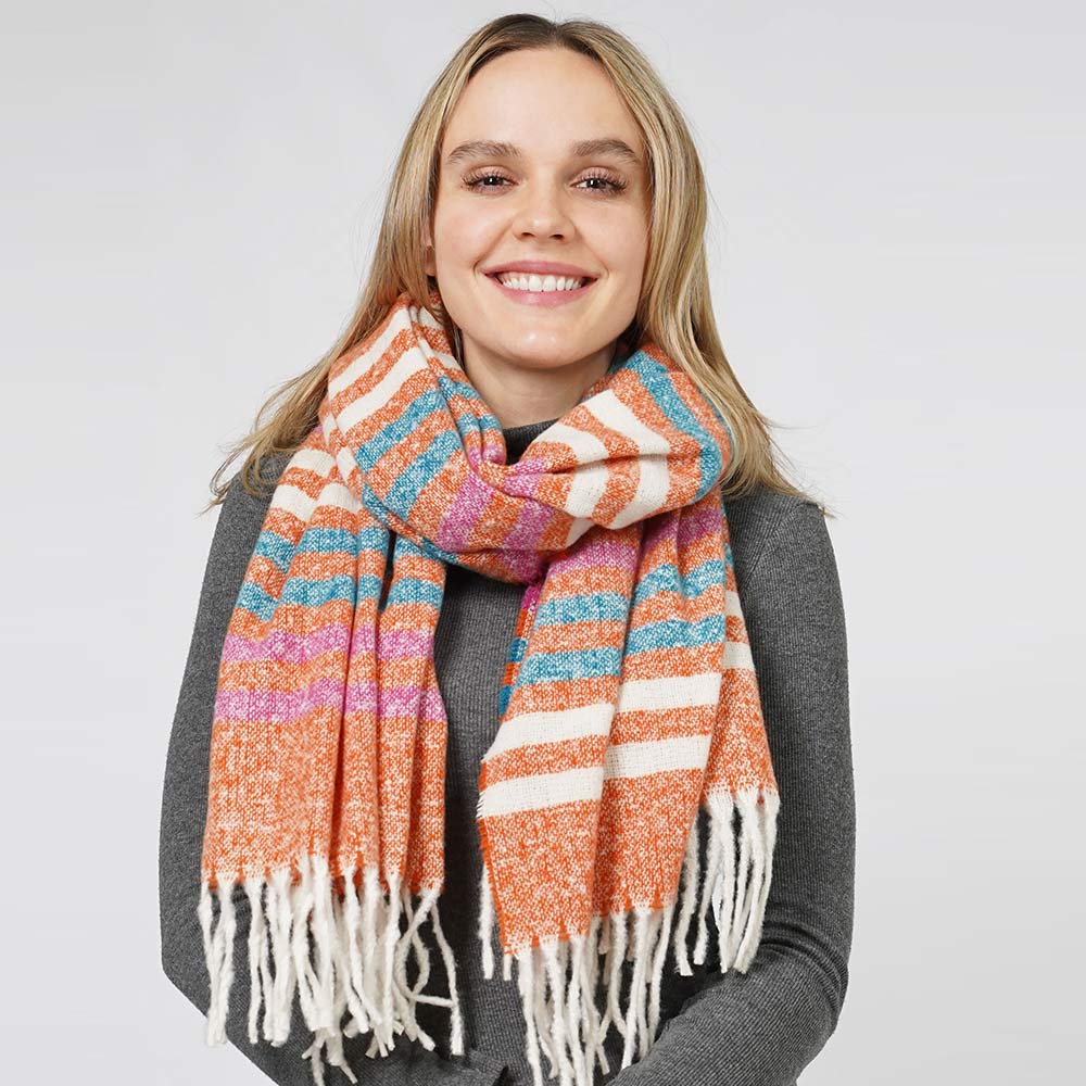 Striped Patterned Scarf with Fringes