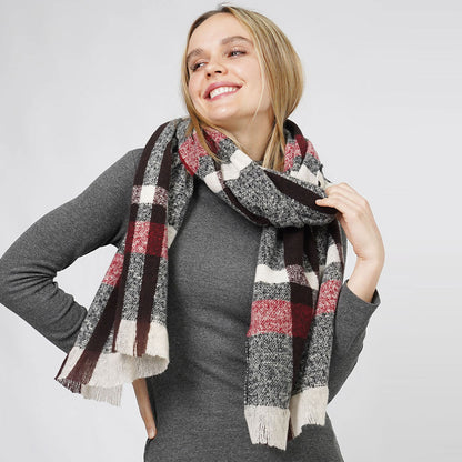 Plaid Check Patterned Scarf with Fringes