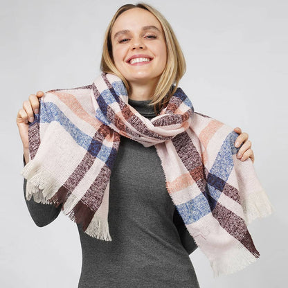 Plaid Check Patterned Scarf with Fringes