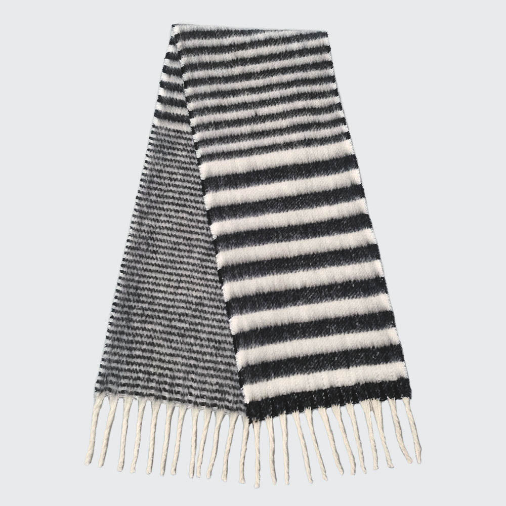 Striped Cozy Oblong Scarf with Fringes