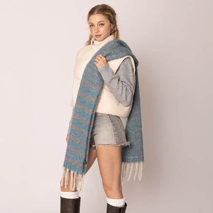 Striped Cozy Oblong Scarf with Fringes