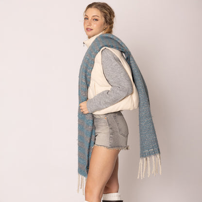 Striped Cozy Oblong Scarf with Fringes