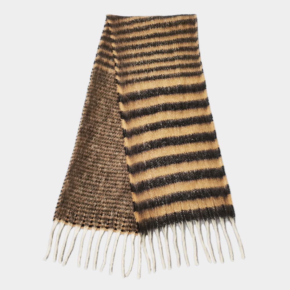 Striped Cozy Oblong Scarf with Fringes