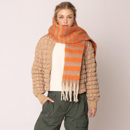 Striped Cozy Oblong Scarf with Fringes