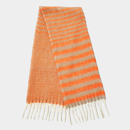 Striped Cozy Oblong Scarf with Fringes