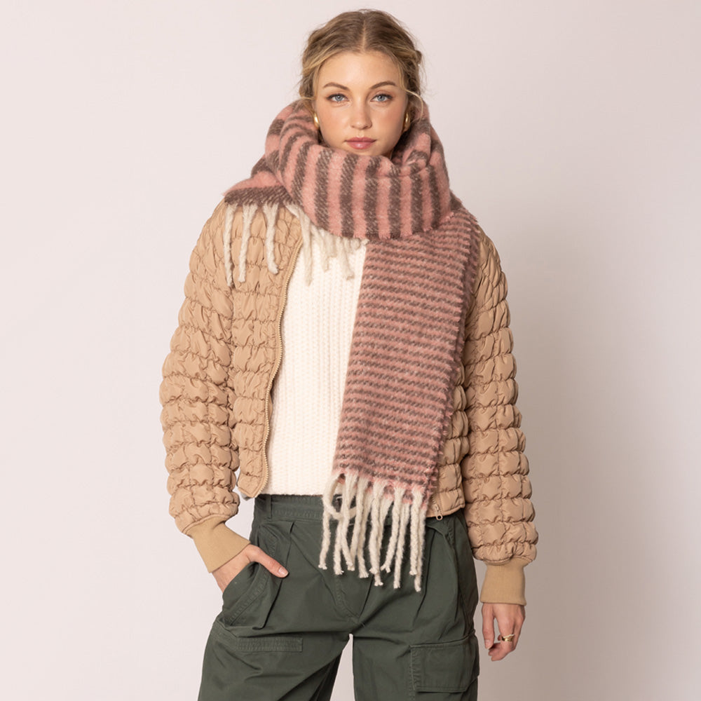 Striped Cozy Oblong Scarf with Fringes