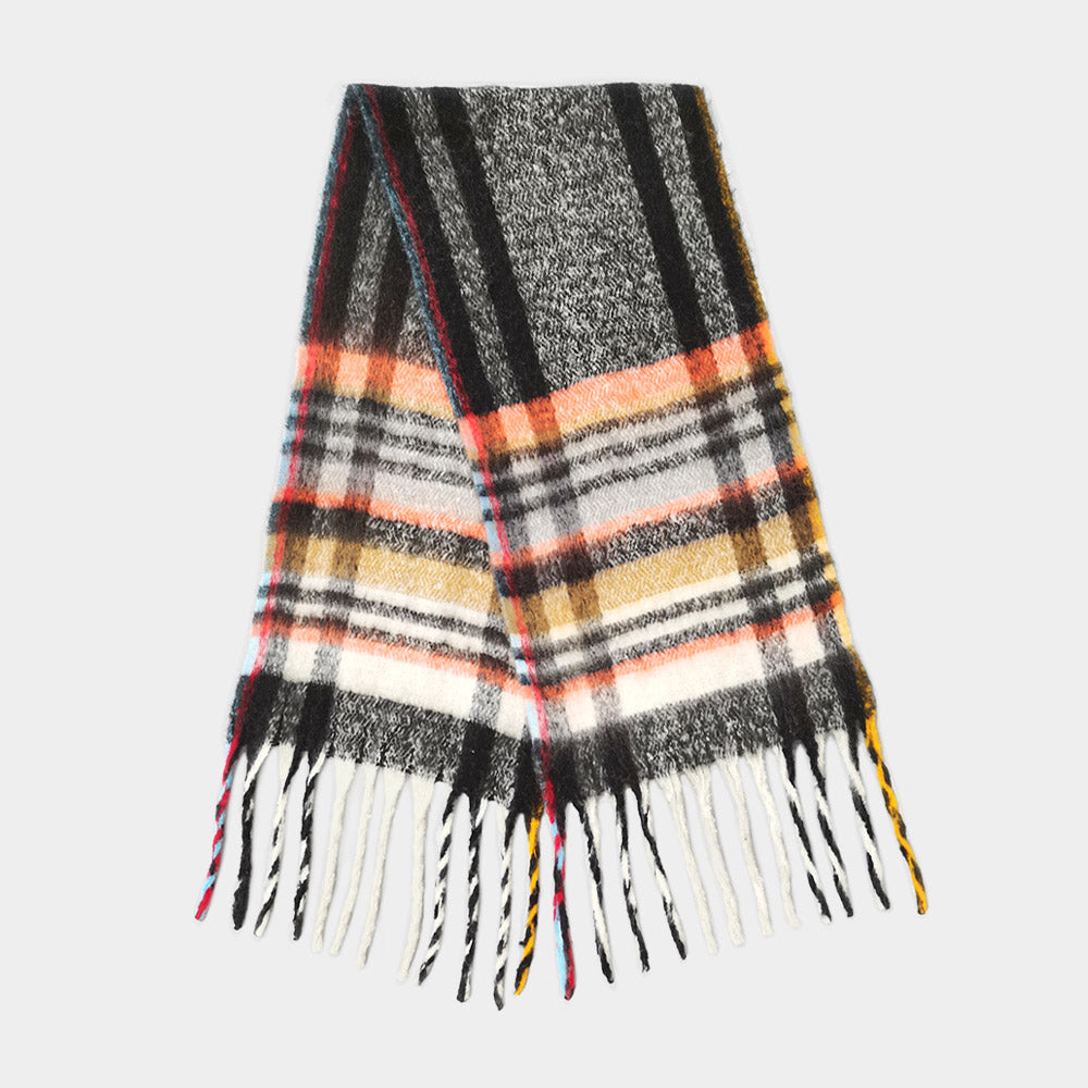 Cozy Multi Striped Fringe Oblong Scarf with Fringes