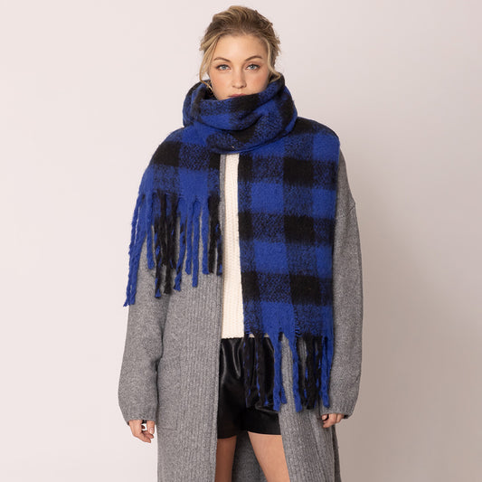 Buffalo Check Patterned Cozy Oblong Scarf with Fringes