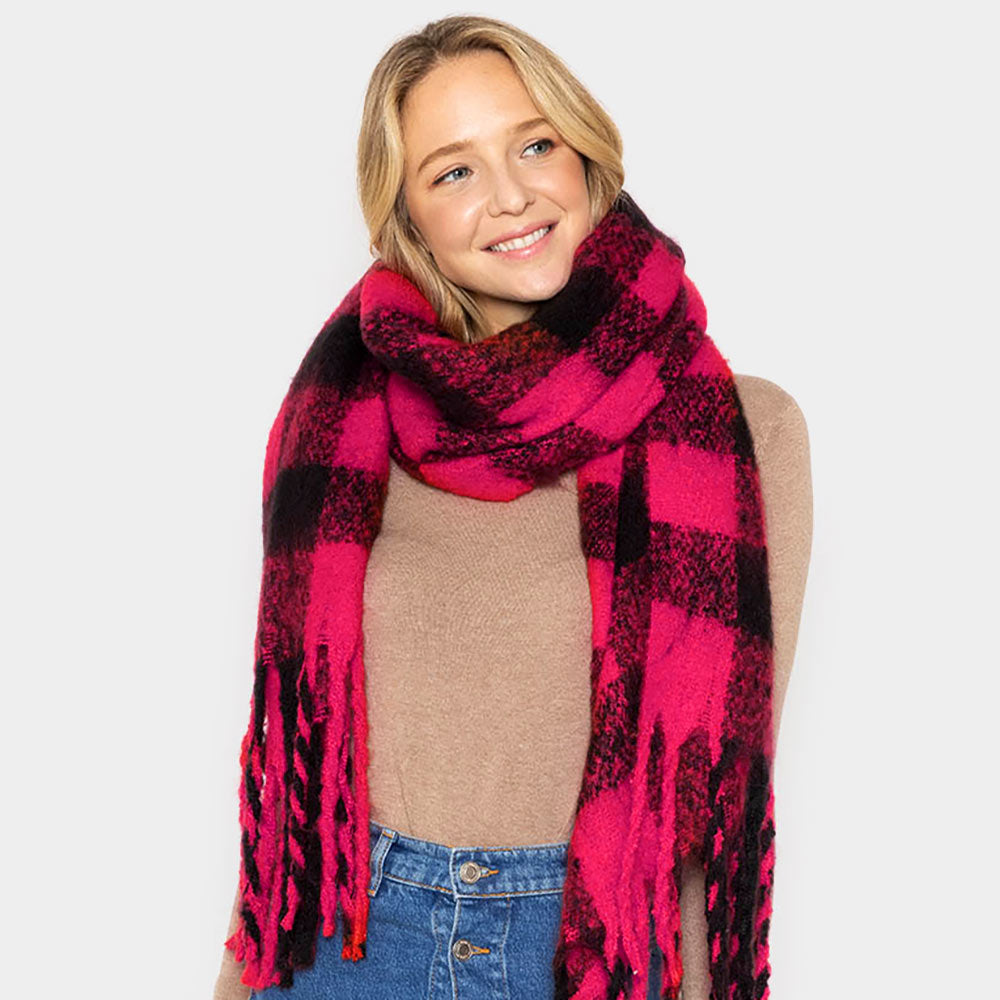 Buffalo Check Patterned Cozy Oblong Scarf with Fringes