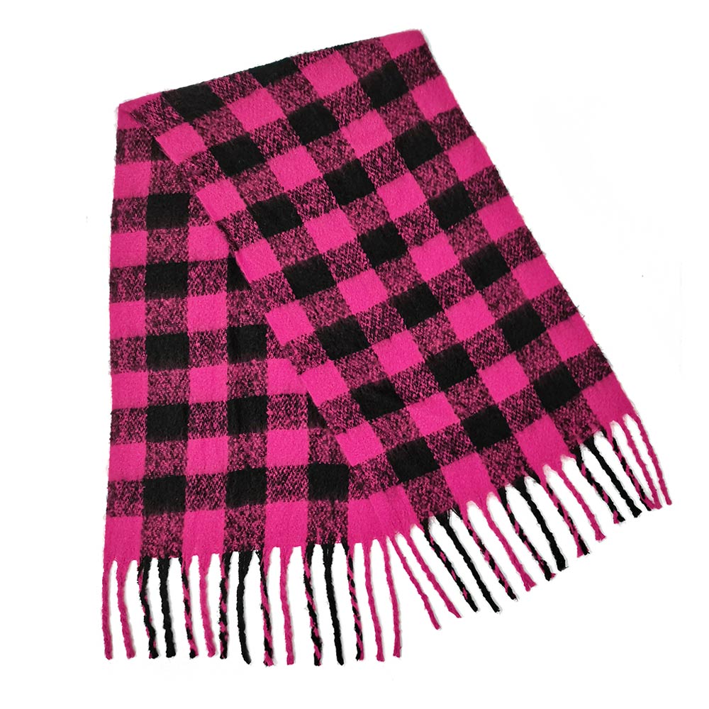 Buffalo Check Patterned Cozy Oblong Scarf with Fringes