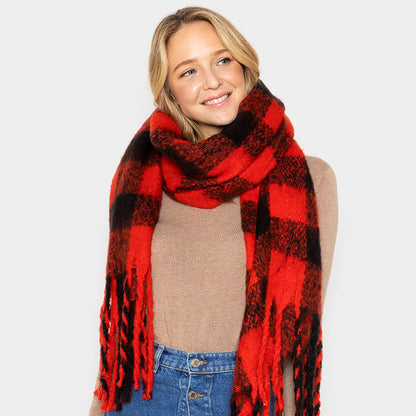 Buffalo Check Patterned Cozy Oblong Scarf with Fringes