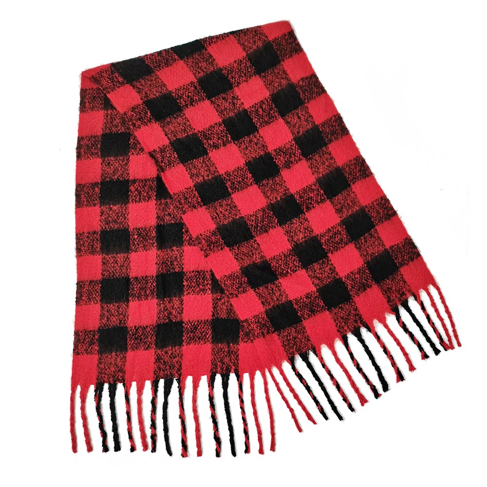 Buffalo Check Patterned Cozy Oblong Scarf with Fringes