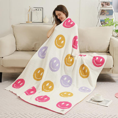 Multicolor Happy Face Pattern Reversible Cozy Throw Blanket