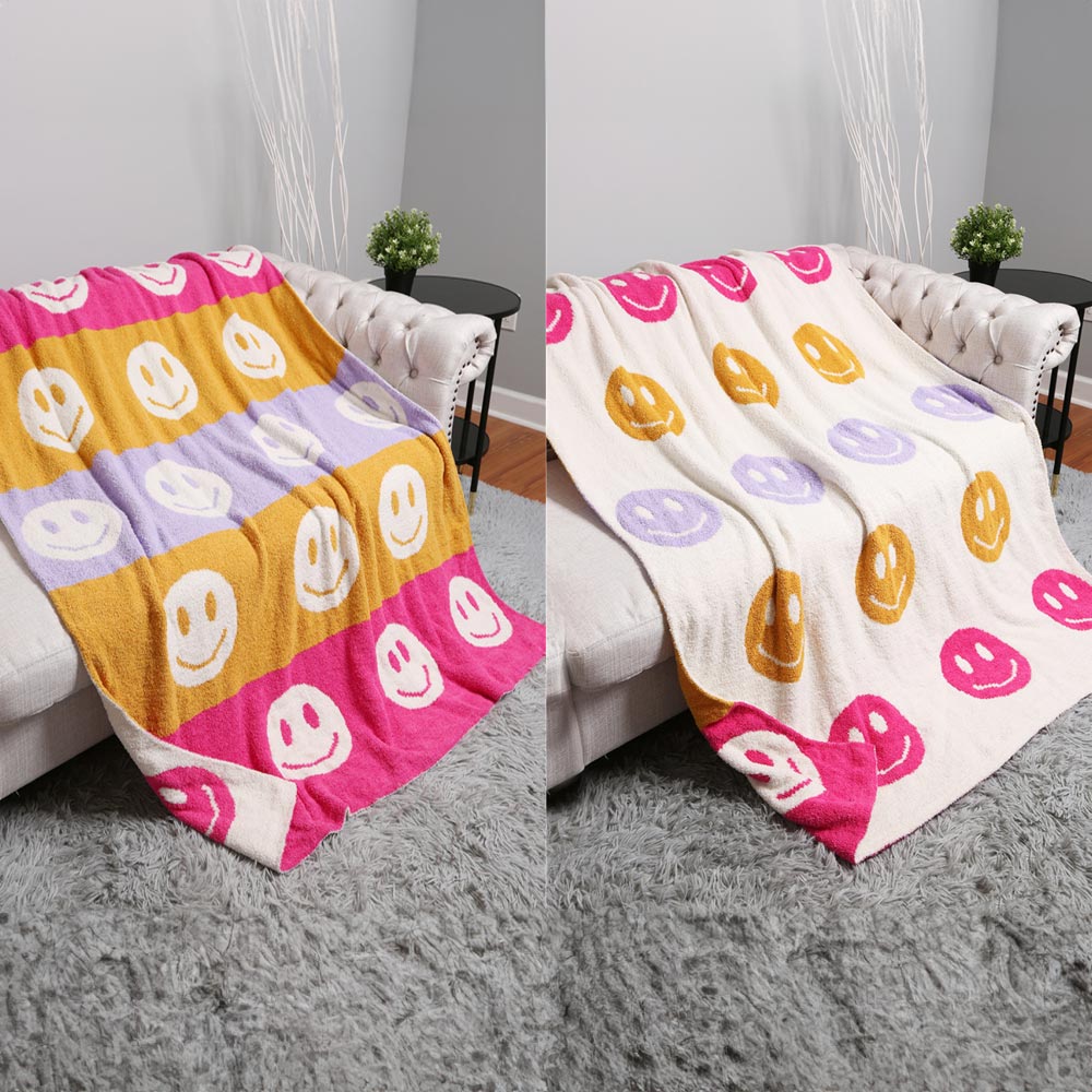 Multicolor Happy Face Pattern Reversible Cozy Throw Blanket