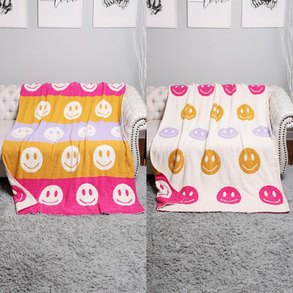 Multicolor Happy Face Pattern Reversible Cozy Throw Blanket