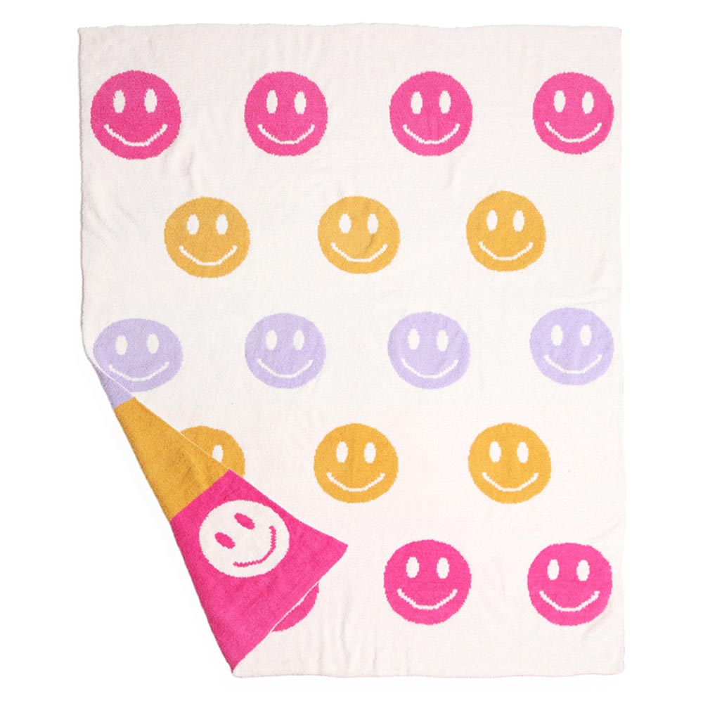 Multicolor Happy Face Pattern Reversible Cozy Throw Blanket