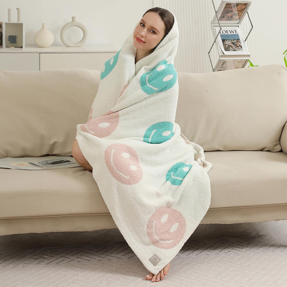 Multicolor Happy Face Pattern Reversible Cozy Throw Blanket