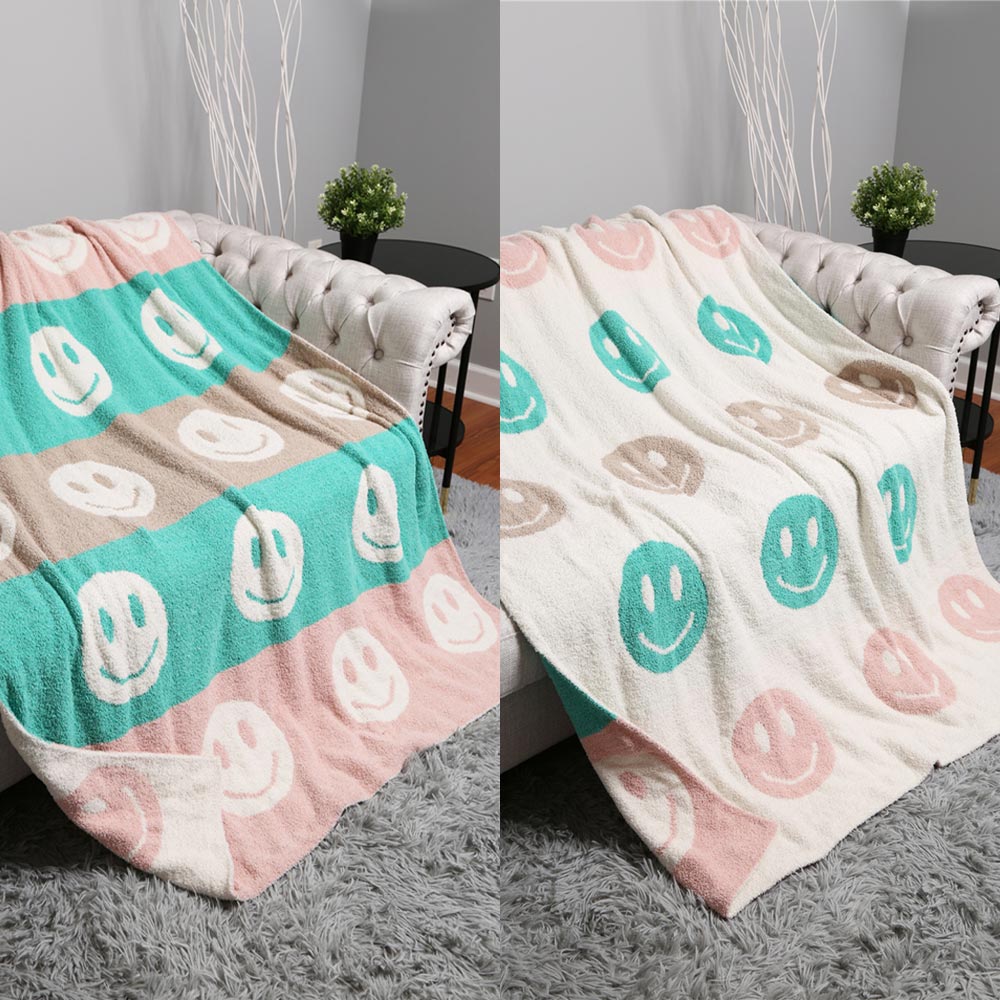 Multicolor Happy Face Pattern Reversible Cozy Throw Blanket