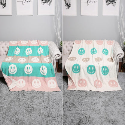 Multicolor Happy Face Pattern Reversible Cozy Throw Blanket