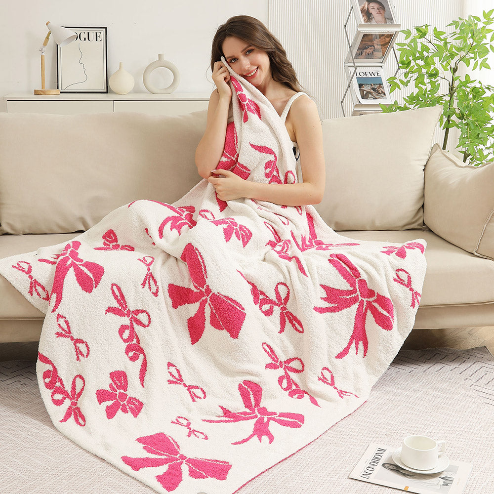 Pink Ribbons / Bow Patterned Reversible Cozy Throw Blanket