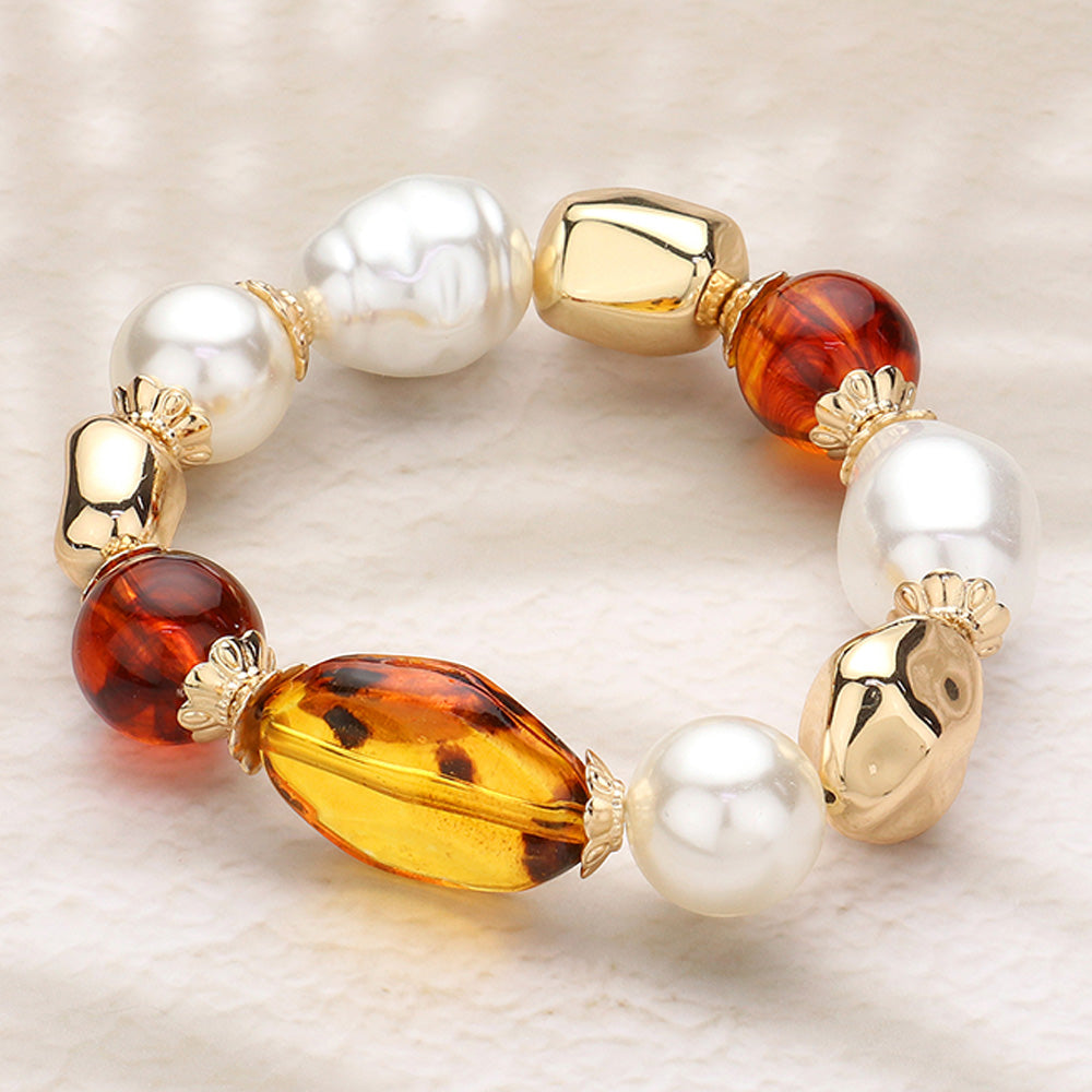 Pearl Metal Glass Beaded Stretch Bracelet