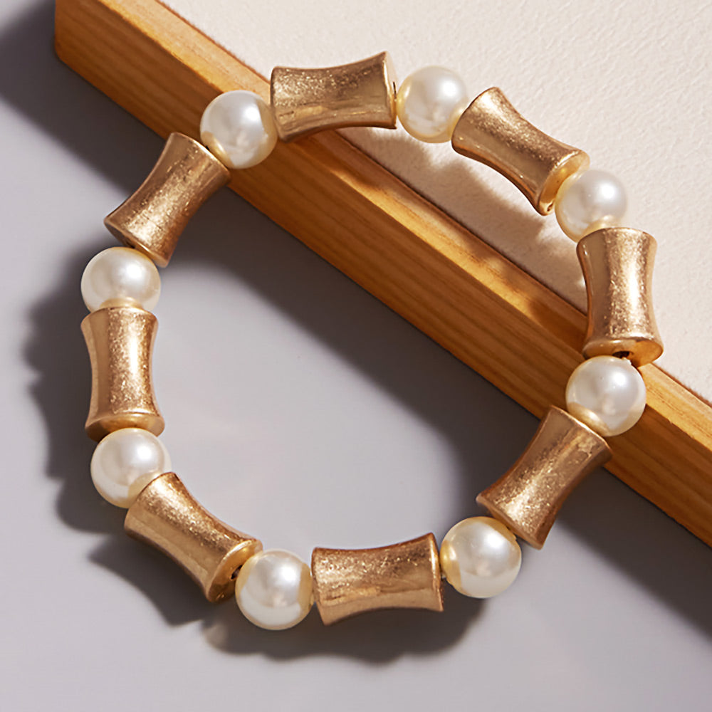 Pearl Brushed Metal Beaded Stretch Bracelet