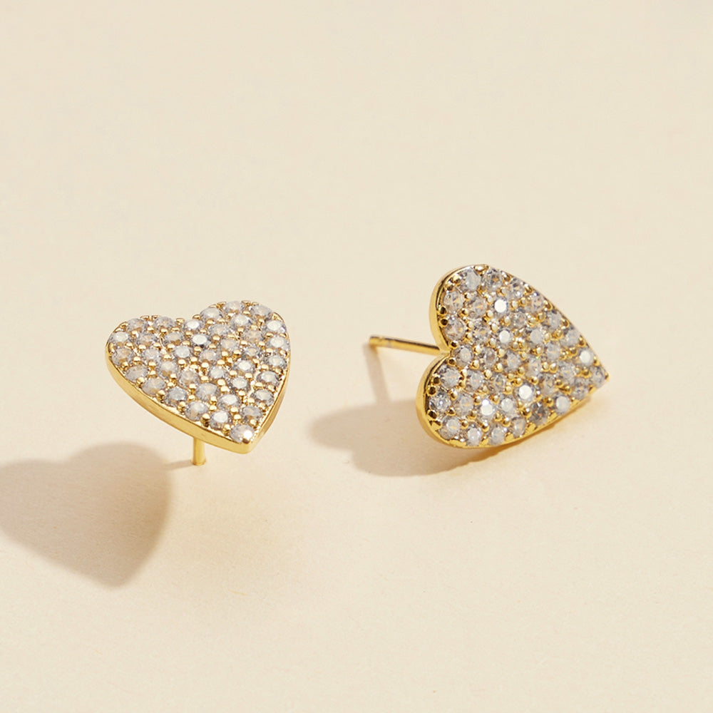 18K Gold Dipped CZ Stone Paved Heart Stud Earrings