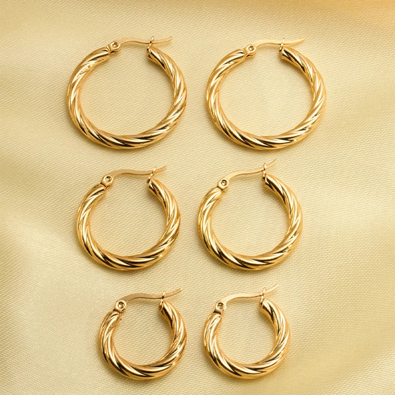 3pair Twisted Hoop Earrings Gold Plated Stainless Steel