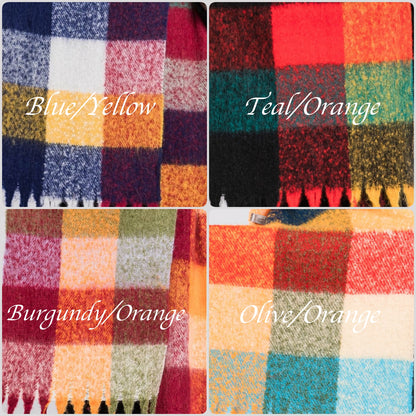 Multi Colored Plaid Check Patterned Fringe Oblong Scarf