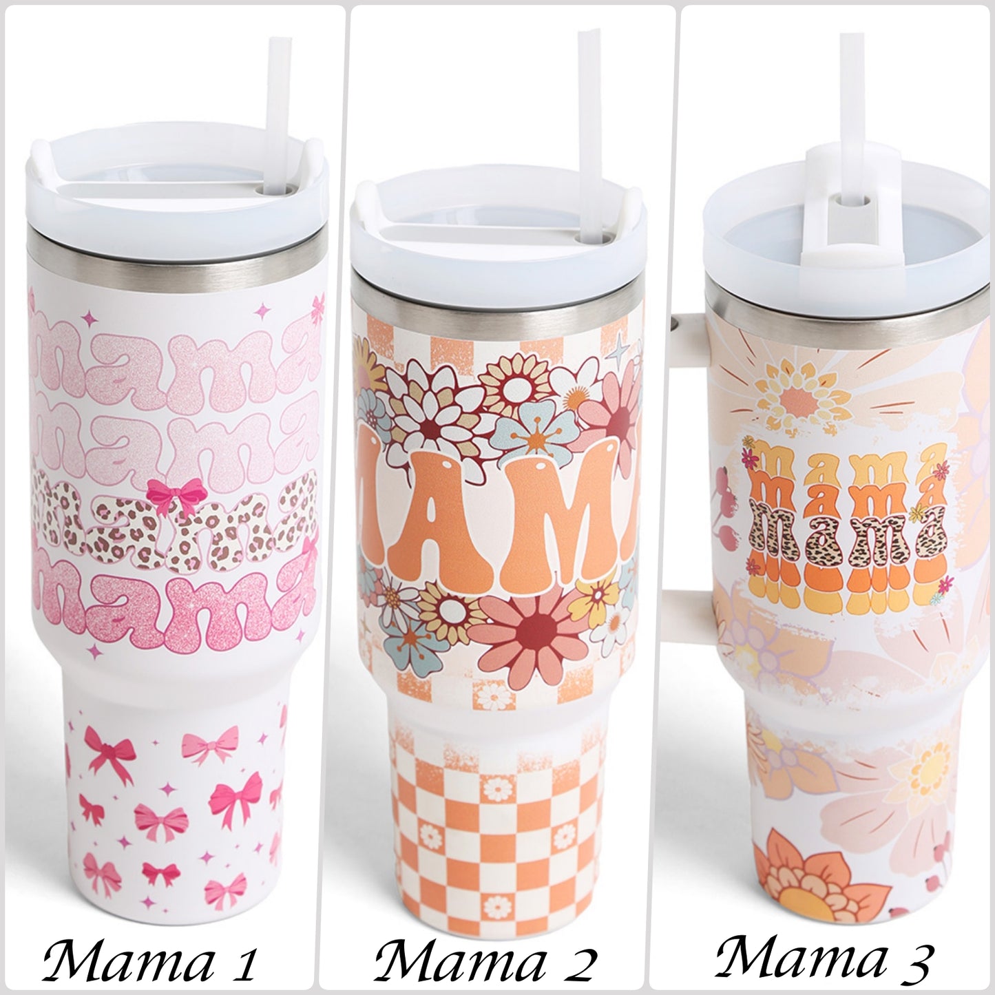 MAMA Floral Pattern Printed 40oz Stainless Steel Tumbler with Handle